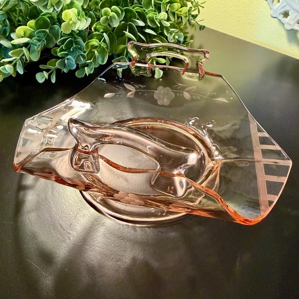VINTAGE, PINK DEPRESSION GLASS DISH WITH FLORAL ETCHING ON SIDES